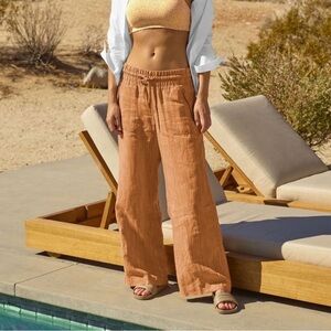 Athleta Cabo Linen Textured Wide Leg Pants Women’s Size 4 Sienna Brown Tan
